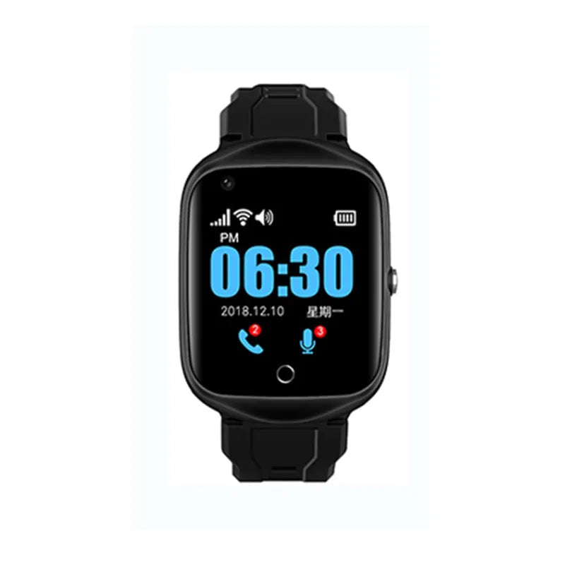 Square-faced elderly smart watch with silicone strap showing phone and GPS functions on 1.3-inch screen