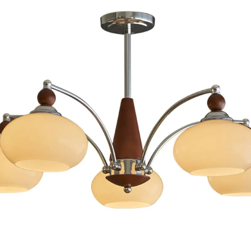 Persimmon glass ceiling chandelier with chrome frame and multiple glass lampshades in a Middle Ancient style.