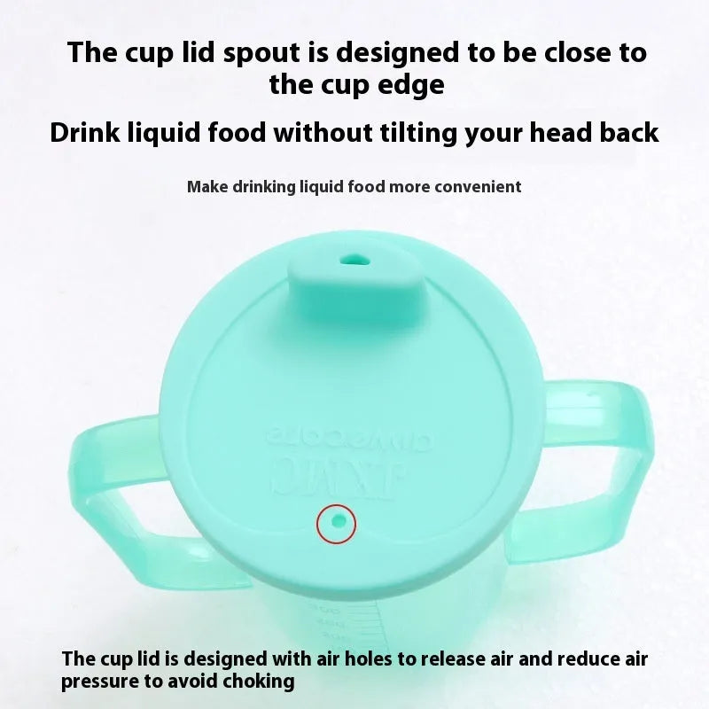 Adult anti-choke care cup with slanted spout, handle and lid in PP material