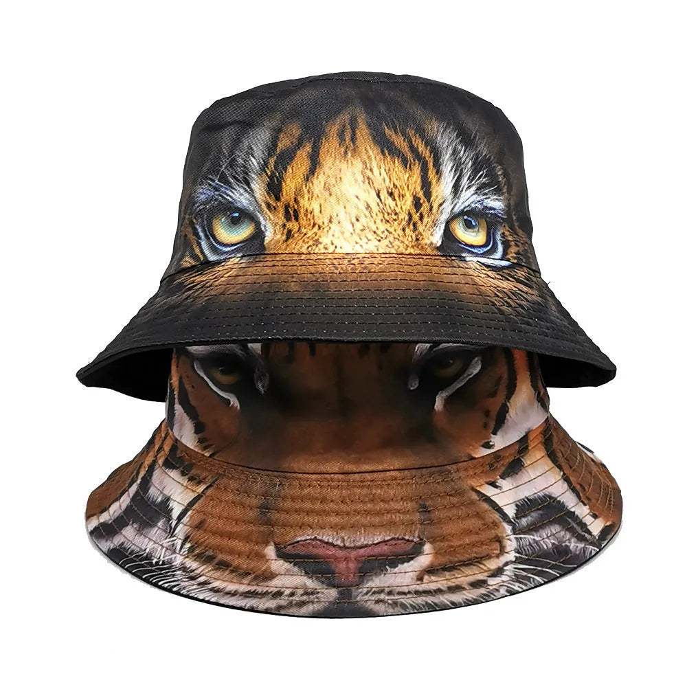 Tiger pattern polyester bucket hat with dome crown in khaki or black colour, size M fits 56-58cm