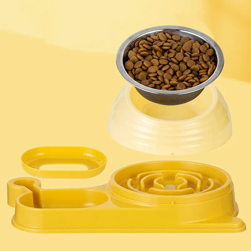 Raised cat food bowl with automatic water dispenser in brown colour