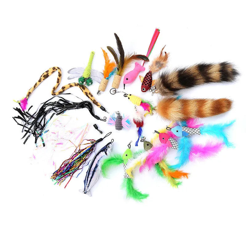 Cat teasing pole set with two fishing rod toys and ten feather replacement heads for interactive play