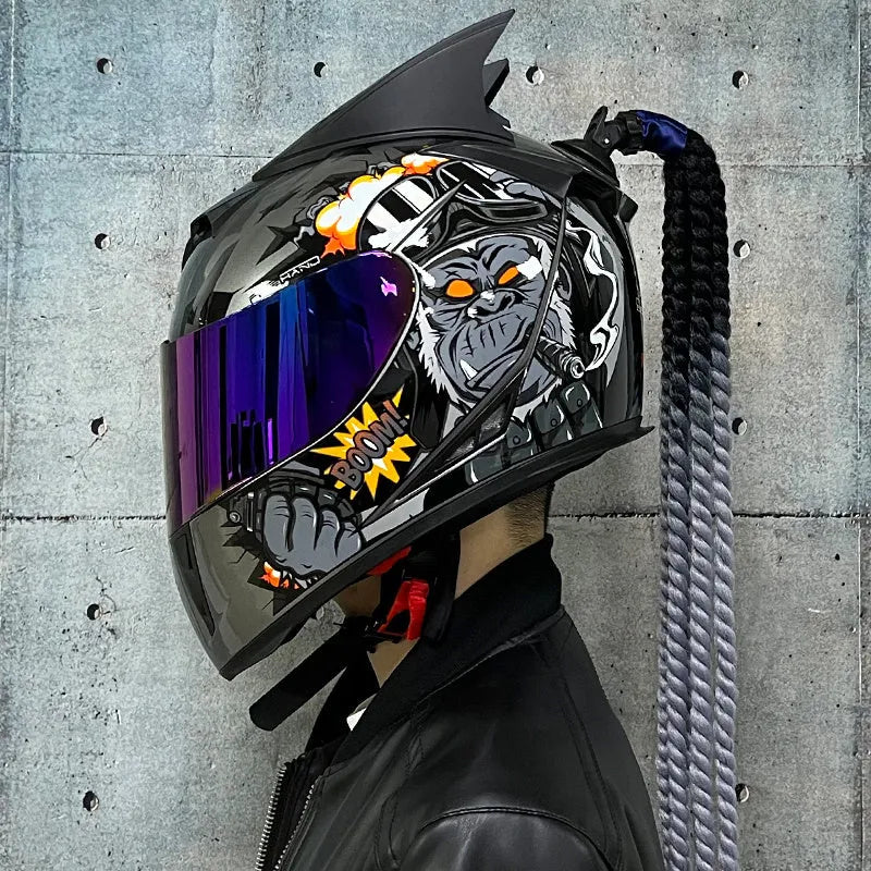 Couples motorcycle helmets with graphic designs in black, blue, and grey colours