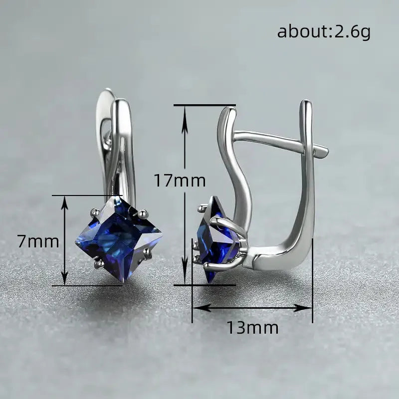 Copper earrings with diamond-design zircon inlay in blue, green, or colour options