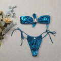Women's glossy gold starfish print tube top bikini set in blue or pink