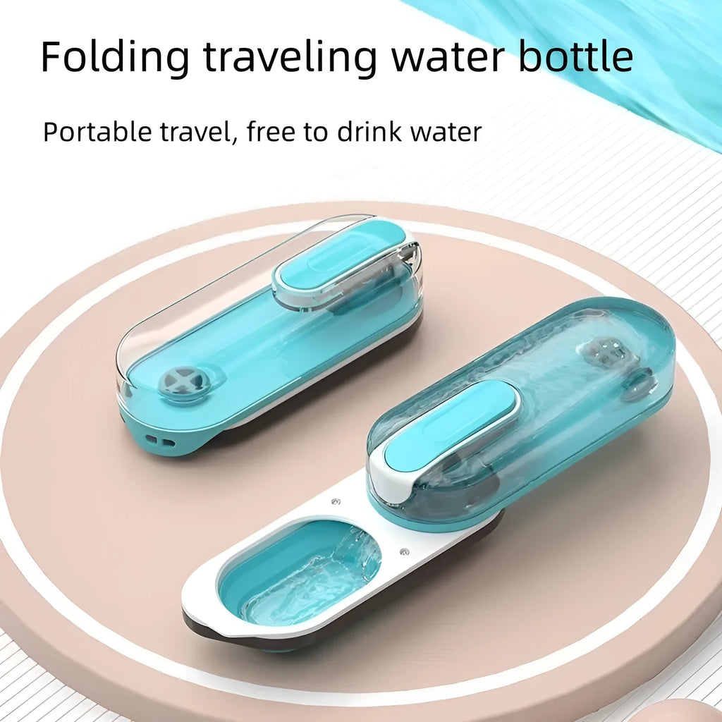 Portable blue dog water bottle with foldable silicone drinking bowl extended