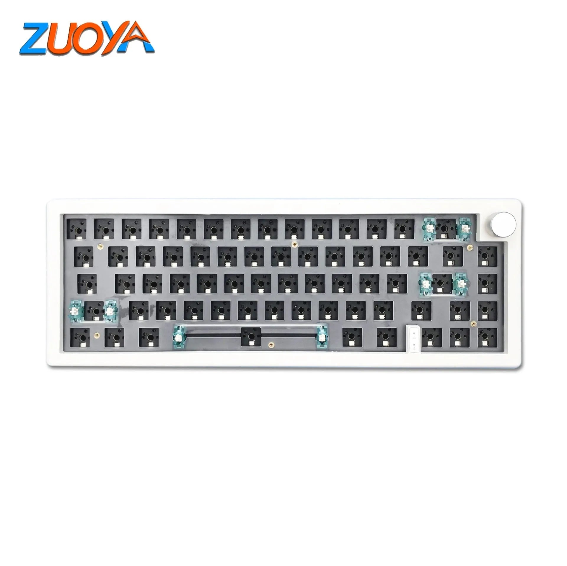DIY hot-swappable RGB mechanical keyboard kit with ABS chassis, rotary knob, and USB cable in multiple colours.