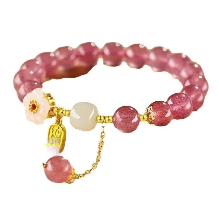 Hetian jade peach blossom strawberry quartz crystal bracelet with natural crystal design
