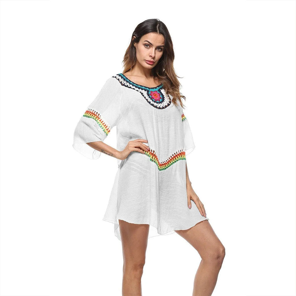 Crocheted ethnic style beach cover-up clothing for women in acrylic polyester fabric