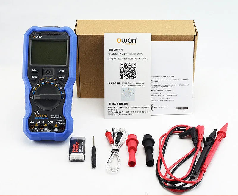 Handheld digital multimeter with display, dial, and test leads for electrical testing.