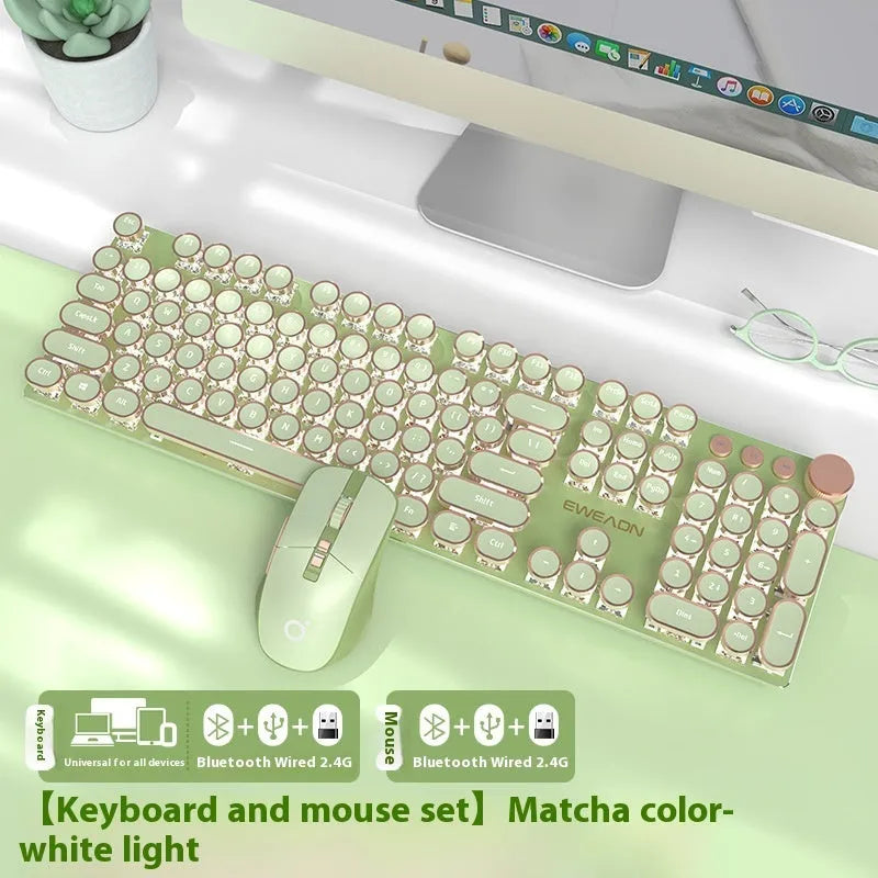 Matcha green mechanical keyboard with white backlight, aluminium panel, and multi-function knob on a desk
