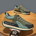 Men's grey and green mesh running shoes with lace-up front and low-top design