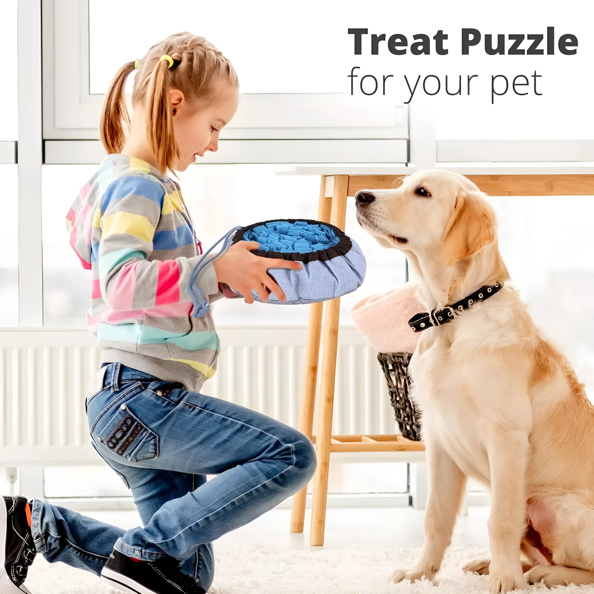Blue adjustable snuffle mat for dogs with removable insert and fleece fabric strips