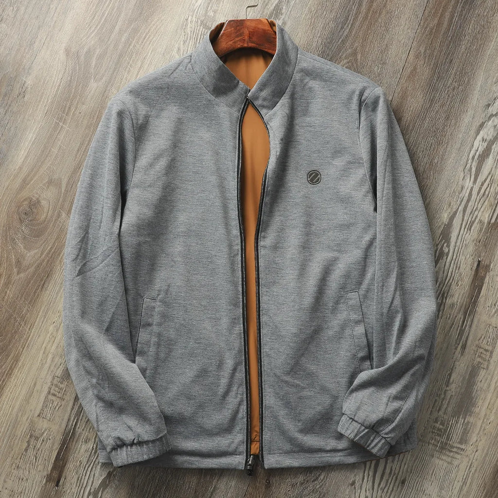 Men's simple stand collar jacket in Army Green, shown in a regular fit for business casual wear.
