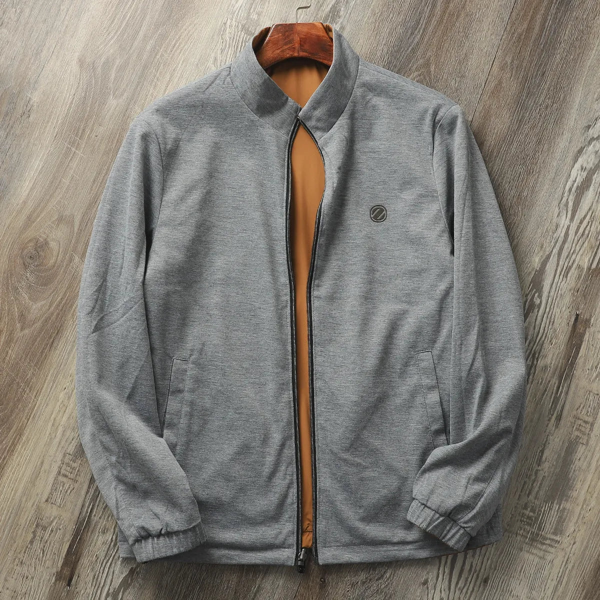 Men's simple stand collar jacket in Army Green, shown in a regular fit for business casual wear.