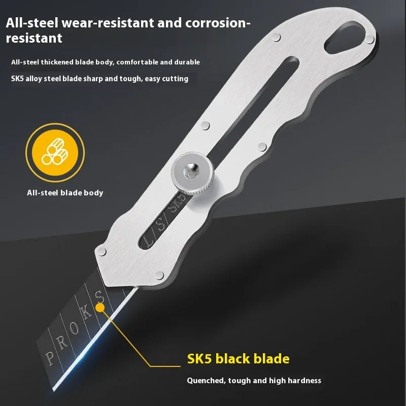 Stainless steel folding art knife with black blade and pack of replacement blades