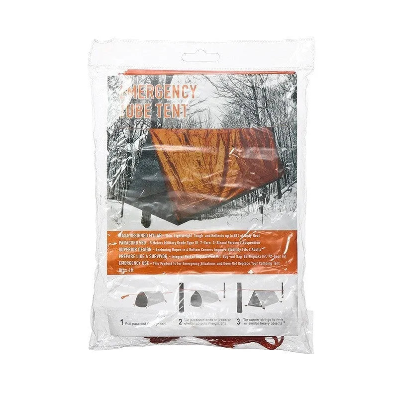 Emergency disaster relief tent kit with orange sleeping bag and whistle survival gear