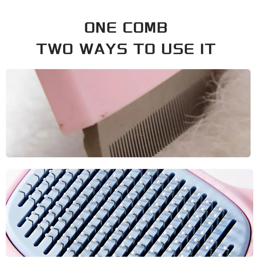 Blue double-sided pet grooming brush showing deshedding rake and dematting comb