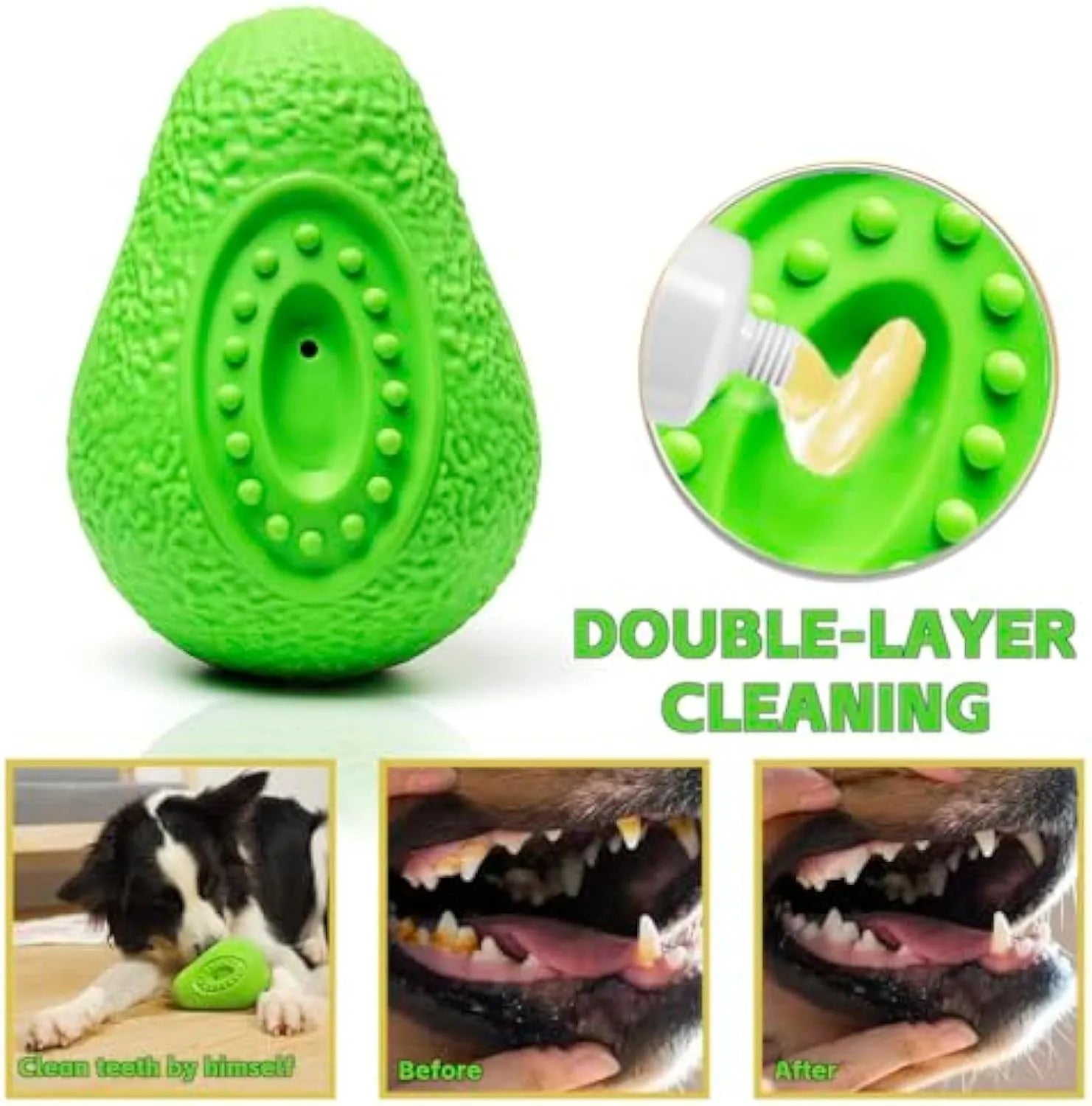 Green natural rubber dog chew toy with textured surface and hollow centre for aggressive chewers