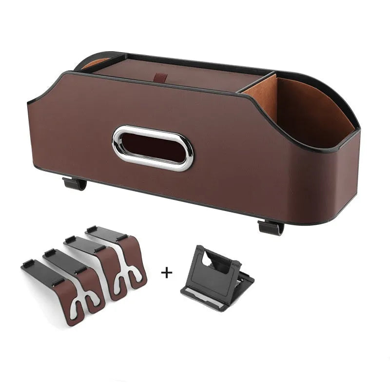 Genuine leather car tissue box organiser with integrated cup holder and buggy bag
