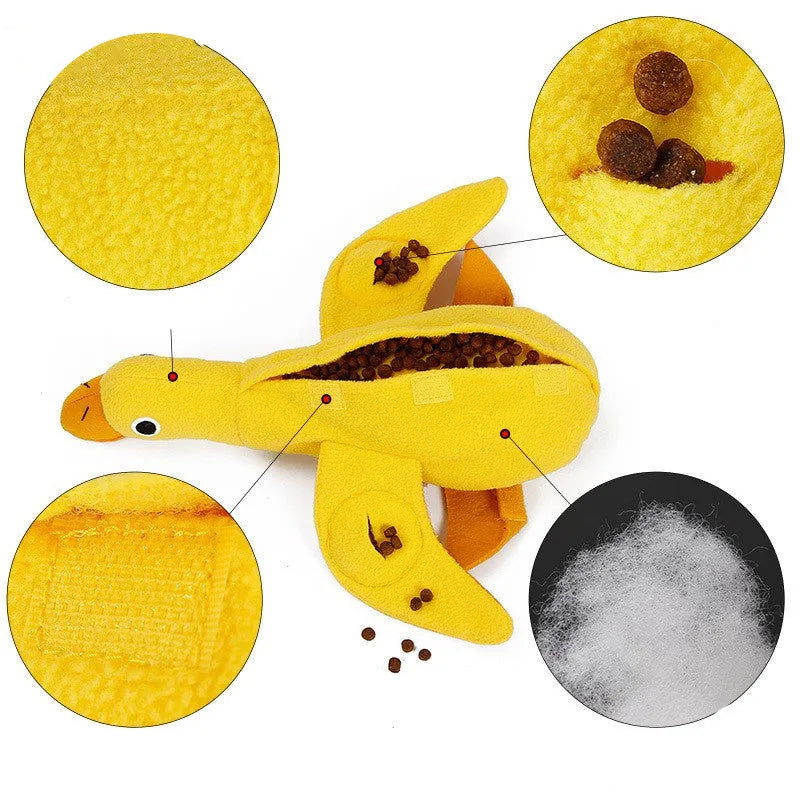 Yellow teddy dog toy with duck sound feature and treat dispensing openings for training