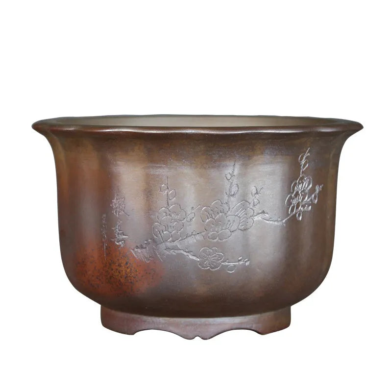 Antique carved ceramic flower pot with wood burning finish for indoor bonsai display