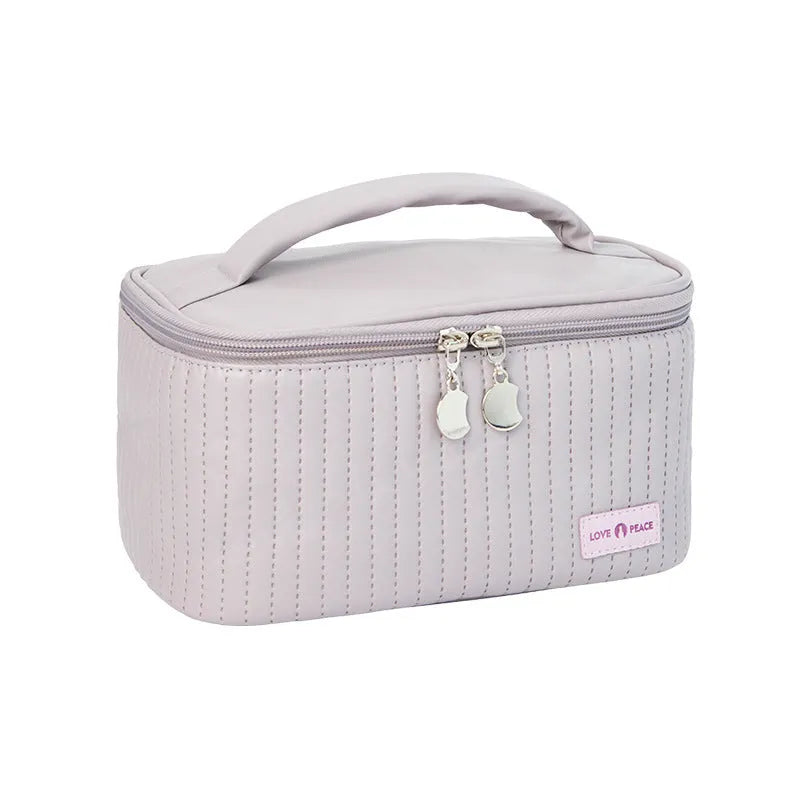Open-top makeup bag in PU leather showing rectangular shape and solid colour options