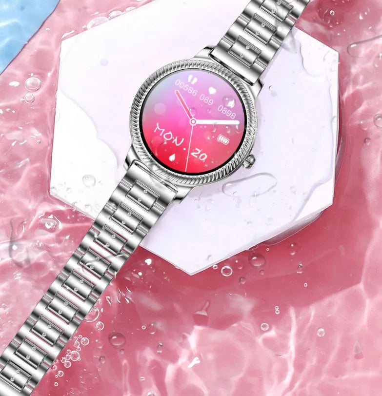 AK38 ladies smart watch with stainless steel Milanese band and 1.09-inch colour screen