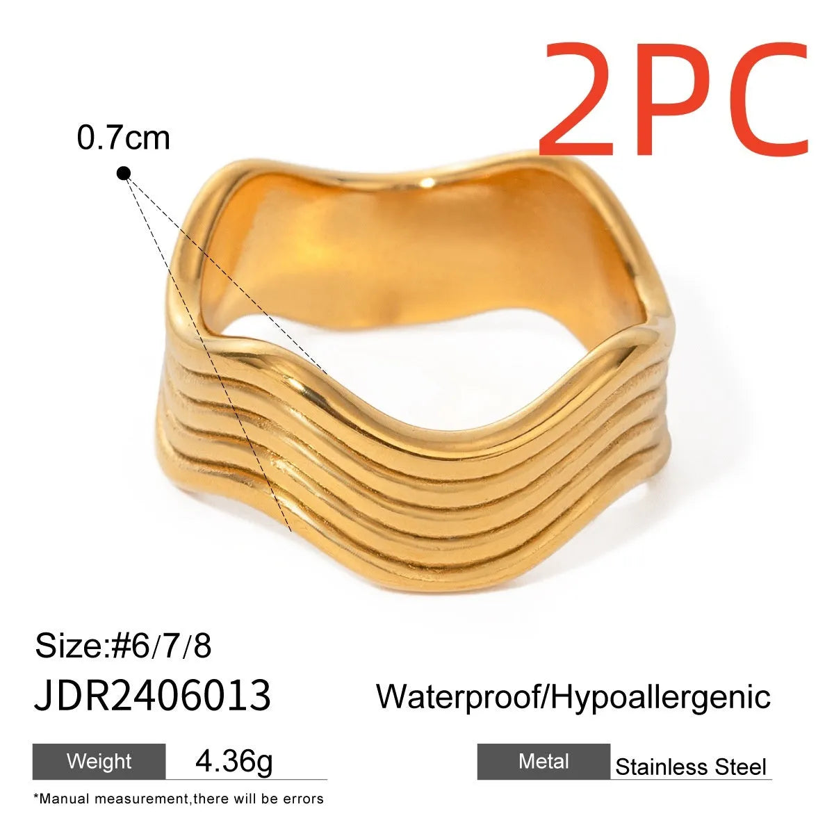 Stainless steel wide band ring with a geometric wave design in a Korean style.