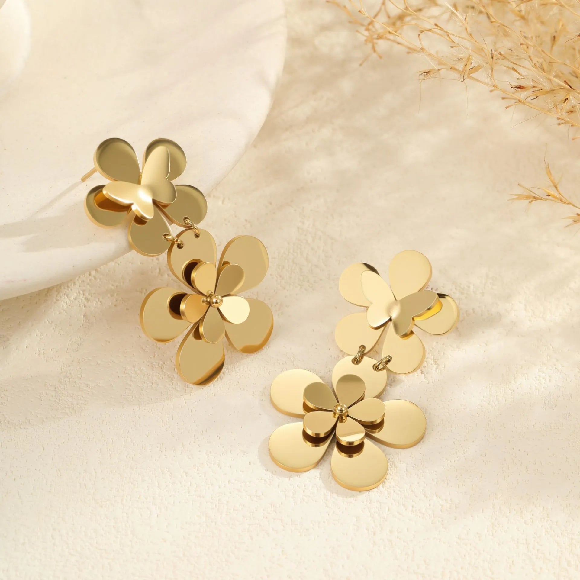Gold floral butterfly stainless steel earrings with 18K electroplated finish for women