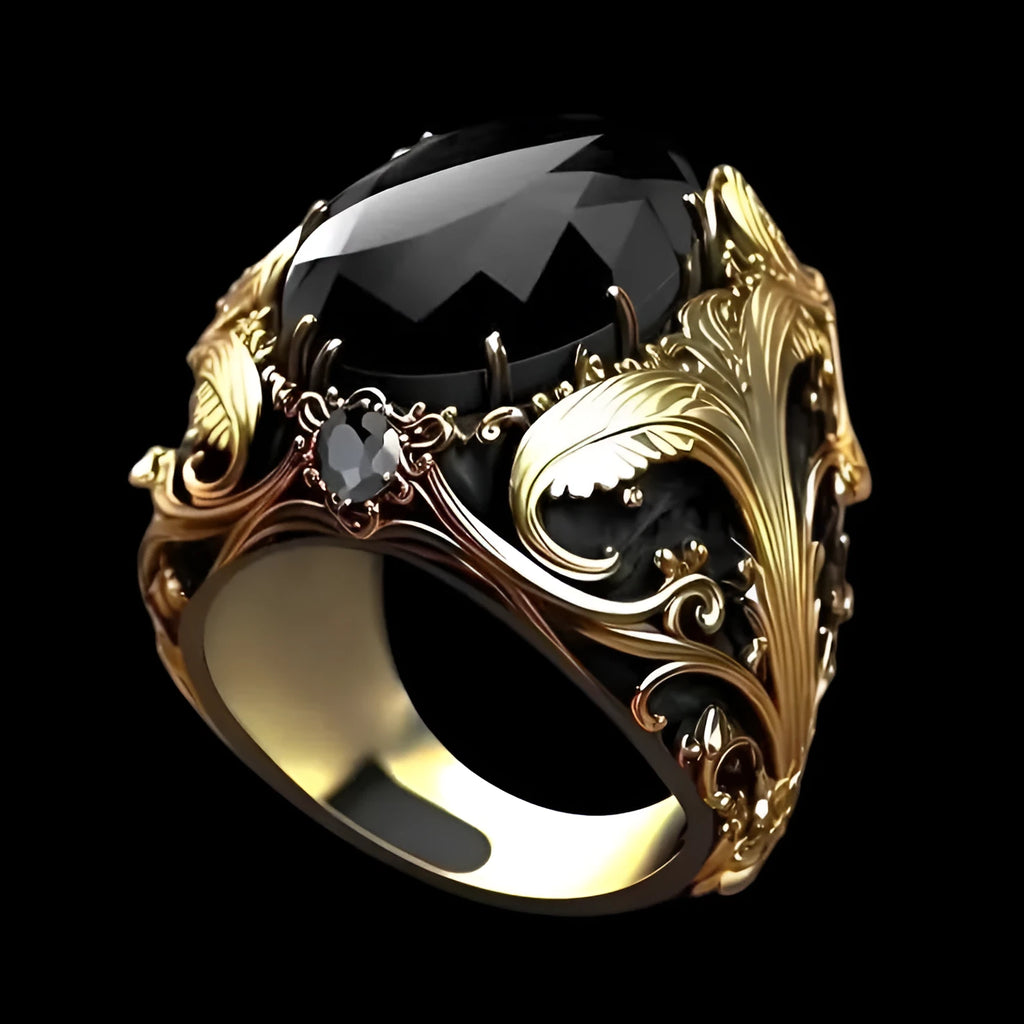 Men's silver geometric wide face ring with imitation ink colour gemstone ornament.