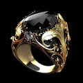 Men's silver geometric wide face ring with imitation ink colour gemstone ornament.