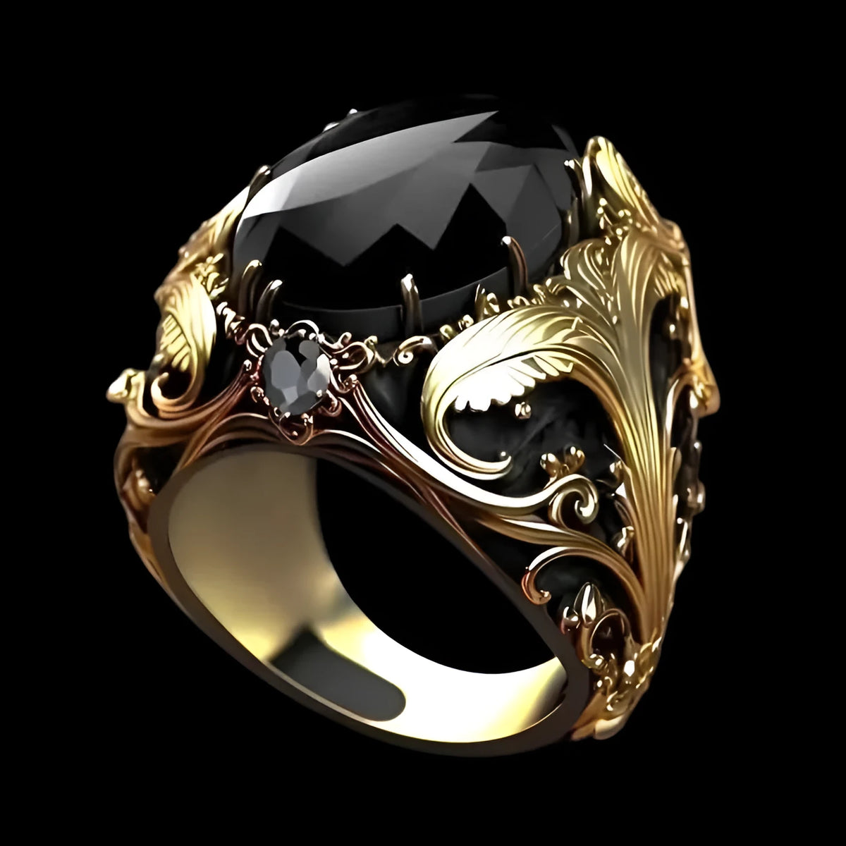 Men's silver geometric wide face ring with imitation ink colour gemstone ornament.