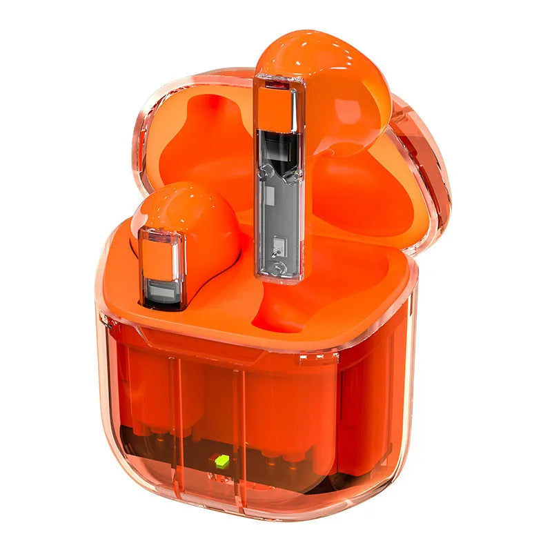 Transparent cabin wireless TWS headphones showing internal components with colour options