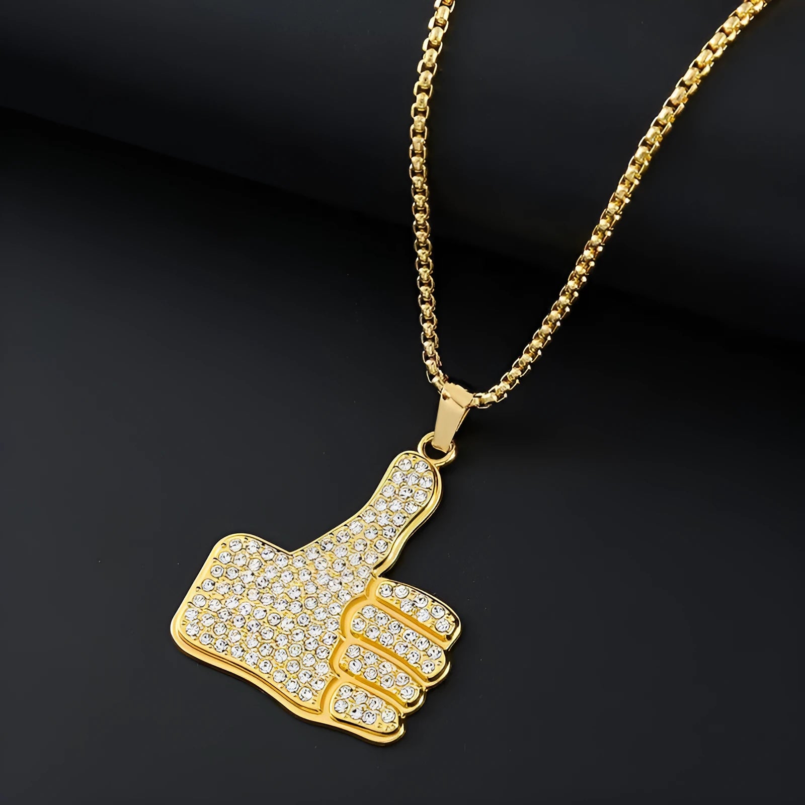 Gold geometric alloy women's necklace with inlaid zircon stones on a model.