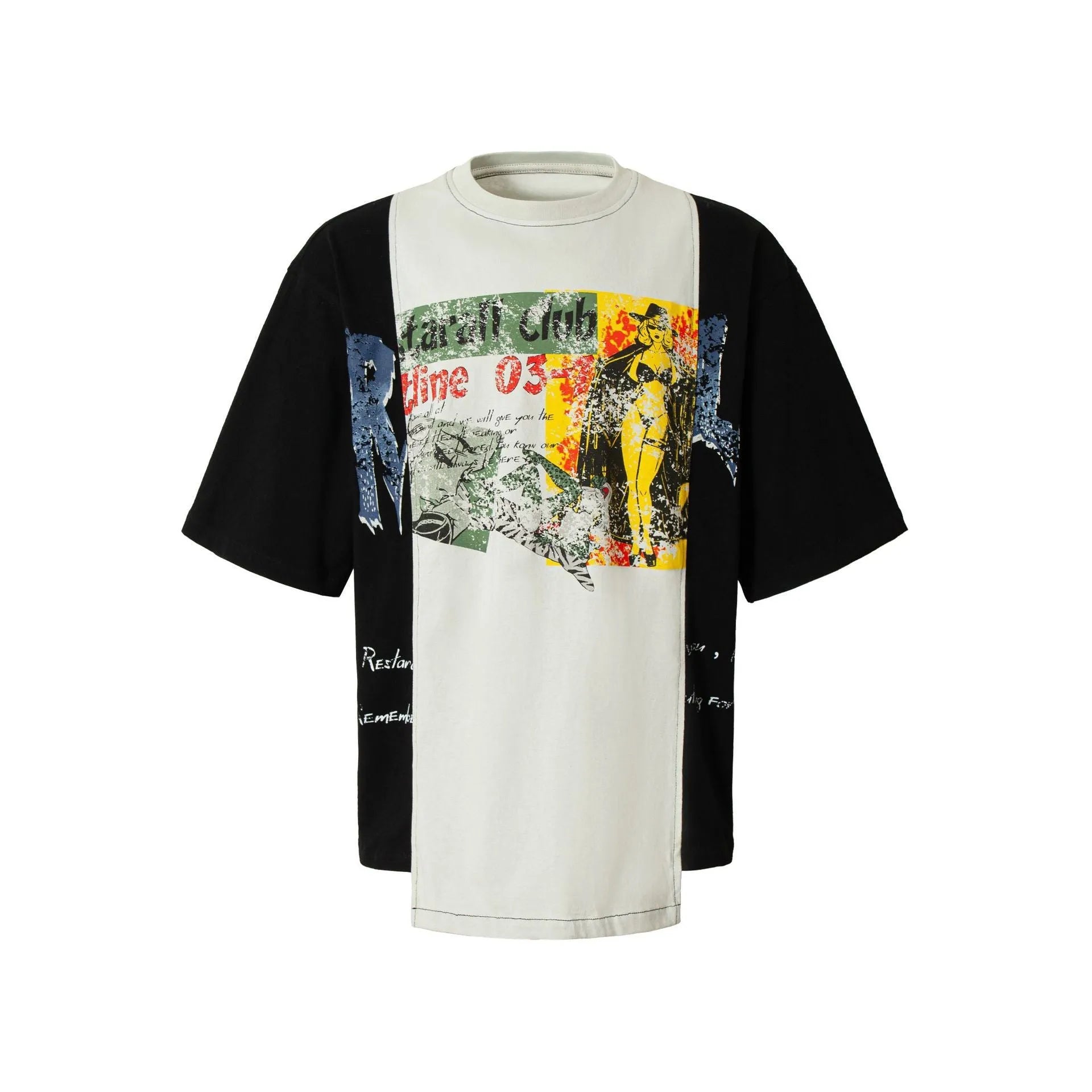 Black and white deconstruction printed oversized cotton blend t-shirt on a model.