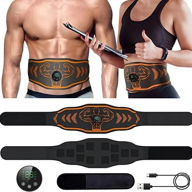 Smart EMS massage belt fitness equipment in orange and blue colour options with rechargeable power