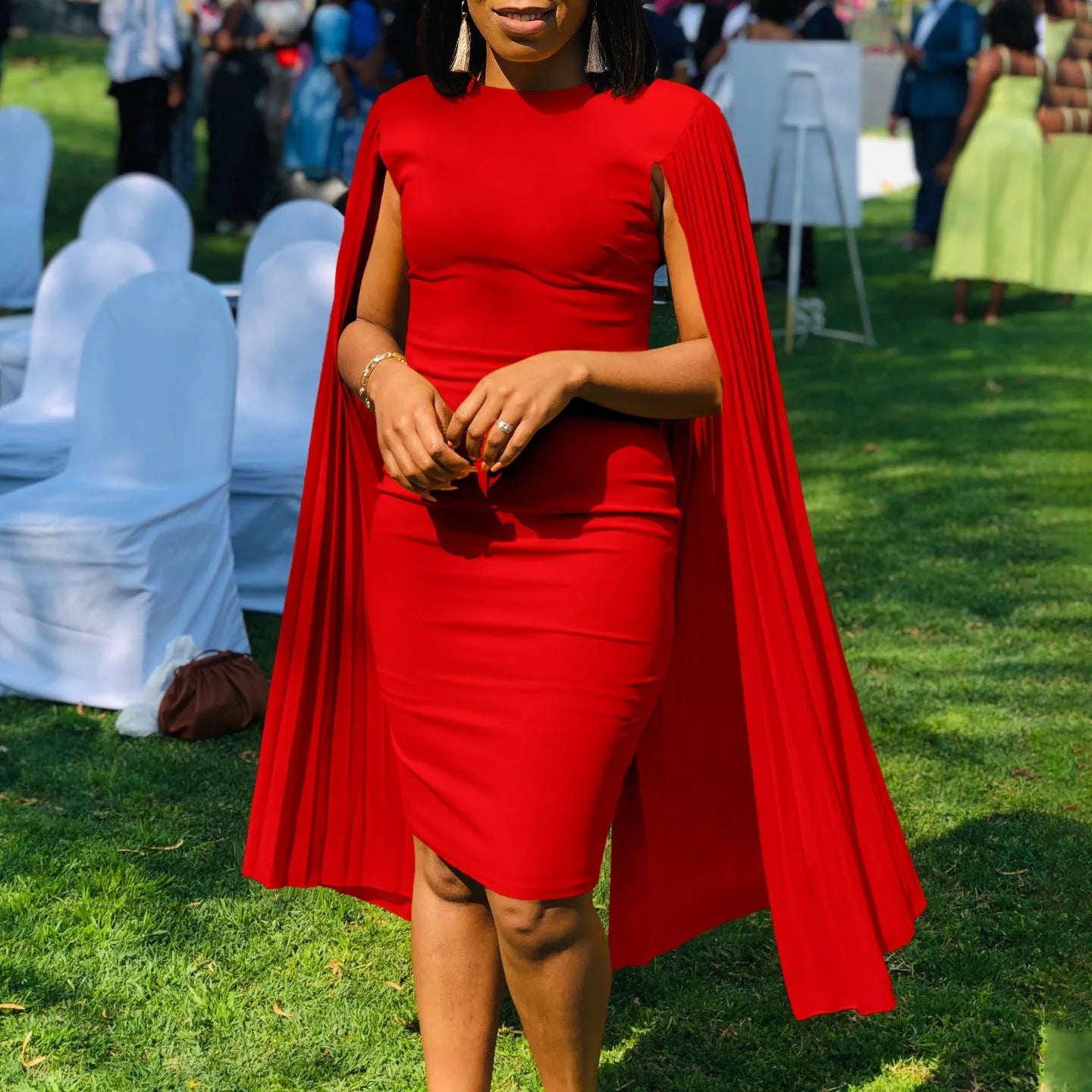 Evening gown with pleated shawl collar and round neck in high-waist design