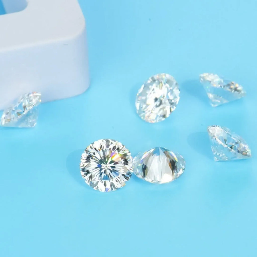 Round brilliant cut moissanite stone with eight hearts and eight arrows faceting pattern