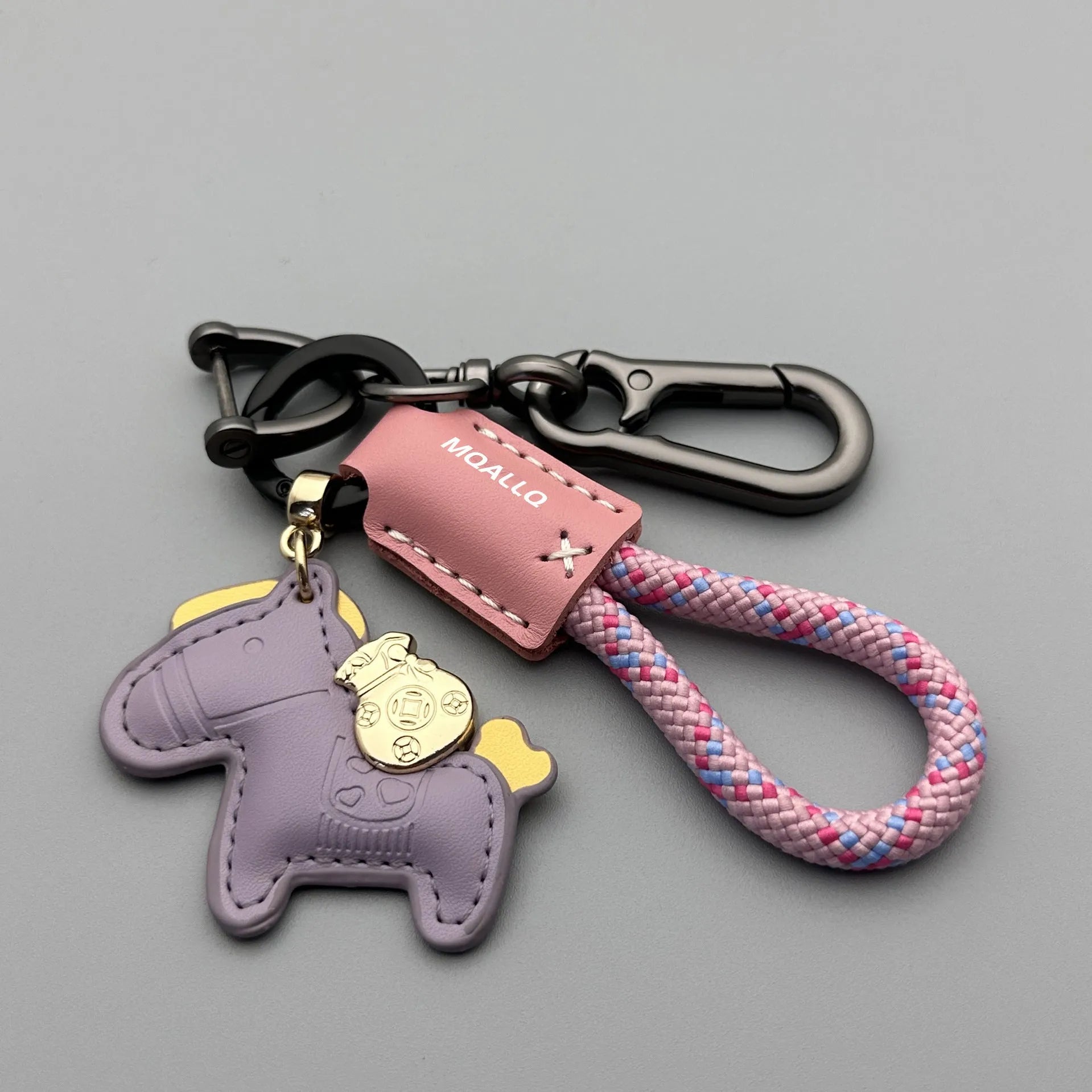 Cowhide car key ring pendant with zinc alloy pony belt buckle on flanelle rope in various colour options
