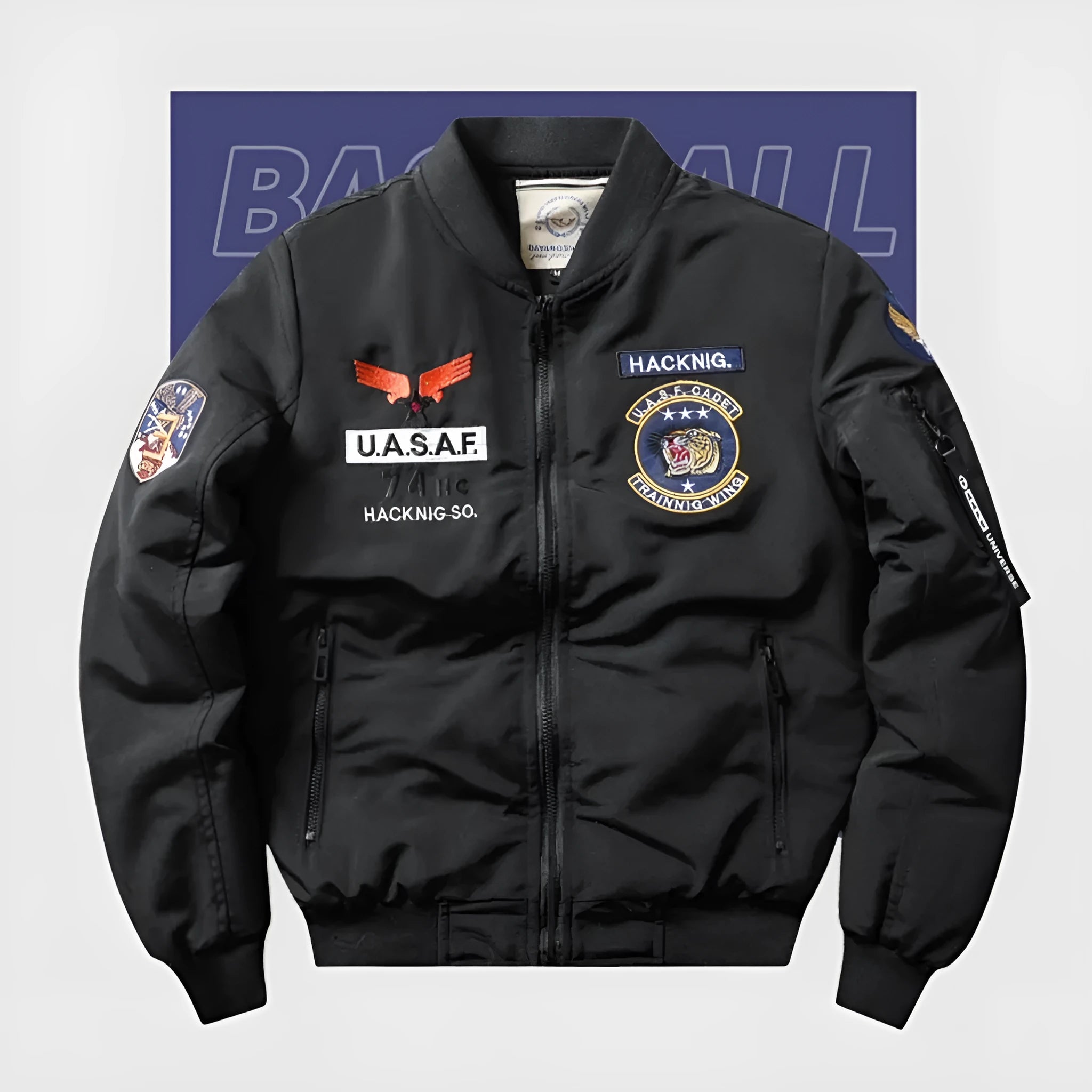 Men's slim-fit stand collar Harley retro embroidery cotton-padded coat in black.