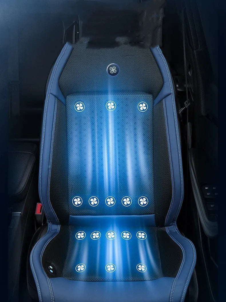 Black car cooling pad with ventilation system connected to vehicle 12V socket