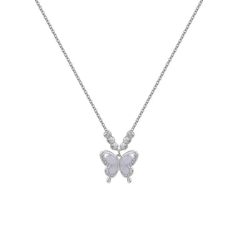 Women's adjustable 925 silver butterfly necklace with square opal pendant on cross chain