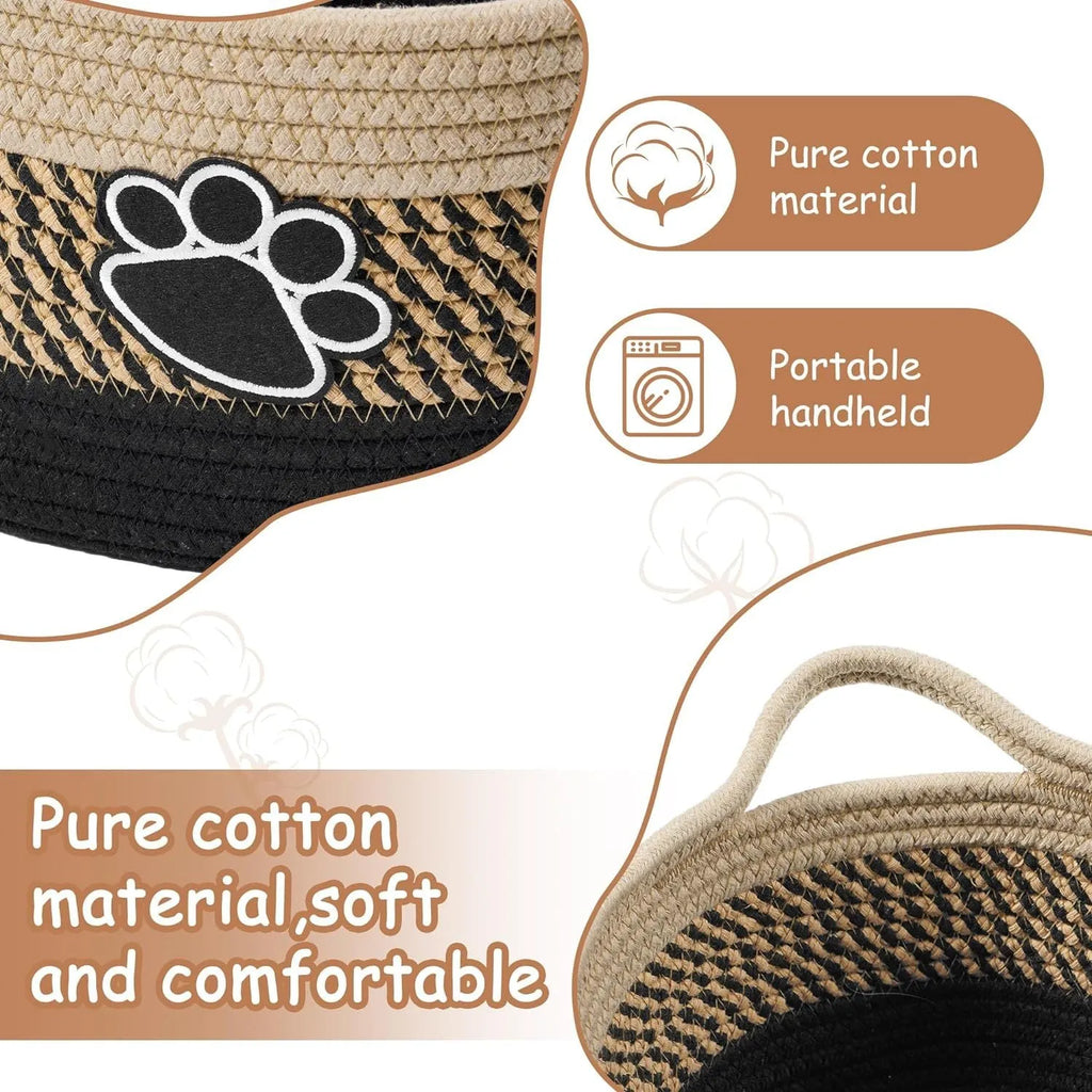 Small light beige handmade woven cotton rope storage basket with wooden handle