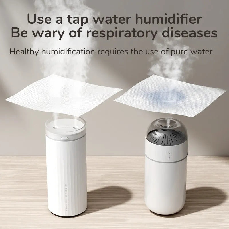 500ml small humidifier with night light in Earth Brown, Coral Pink, or White, USB and car powered for desk or vehicle use.