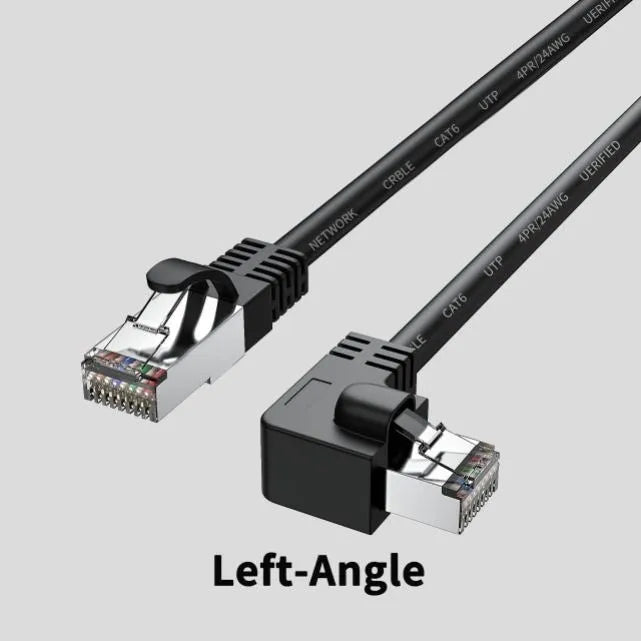 Cat6 Ethernet cable with right-angle metal RJ45 connector in black, shown alongside length and colour options.