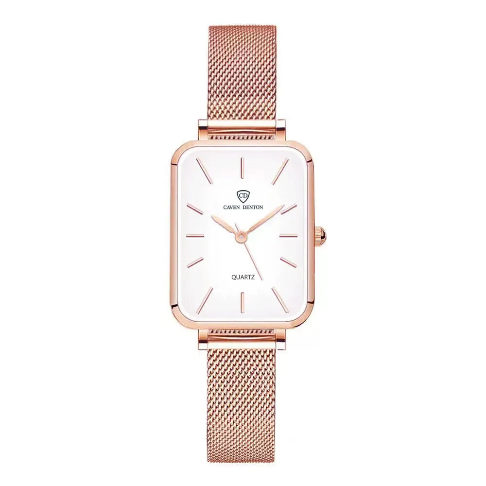 Women's waterproof quartz watch with alloy case and woven steel strap in rose gold colour