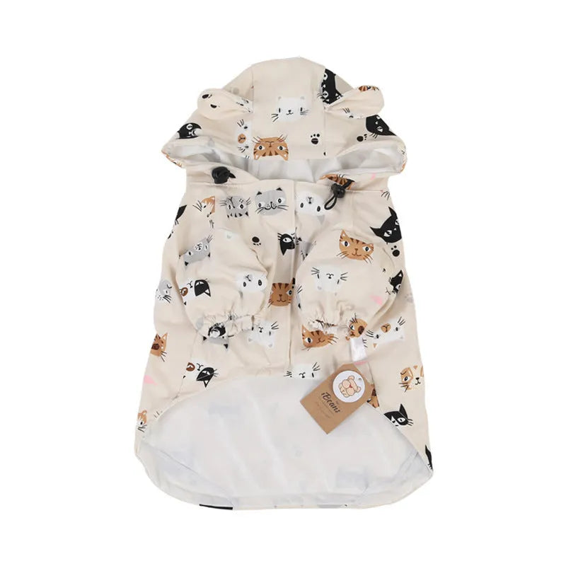 Beige cartoon print dog raincoat with double waterproof PU coating shown on a model dog.