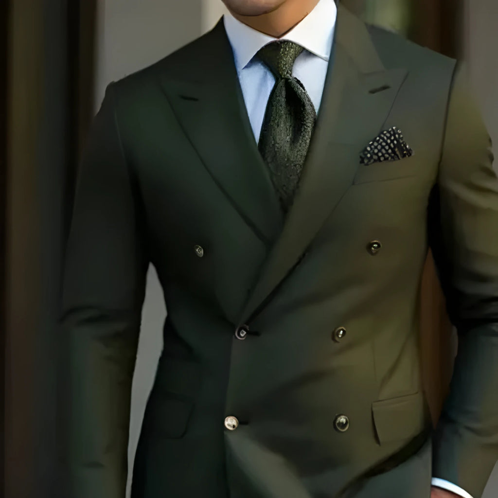 Men's brown two-piece cotton blend suit set with coat and trousers on a hanger.