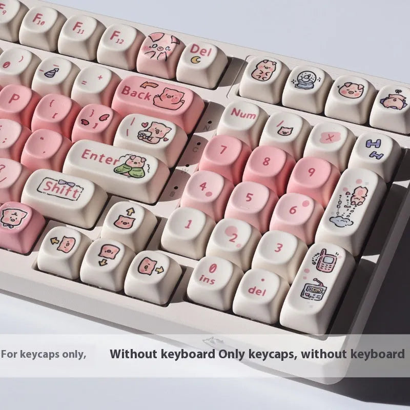 Pink PBT mechanical keyboard key cap with colourful fragrant pig character design on top and sides.